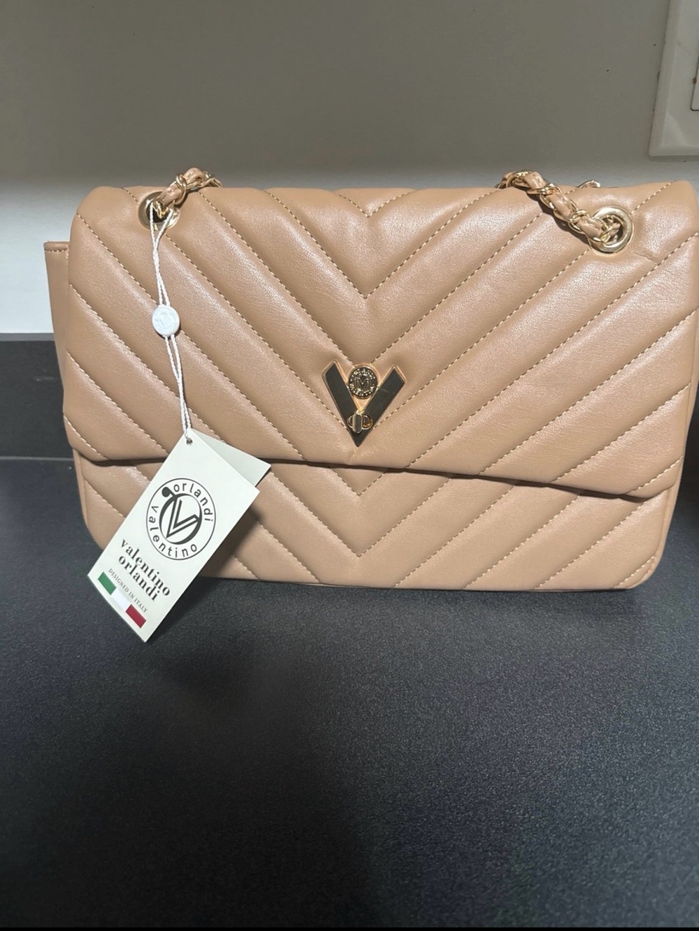 Valentino Orlandi Nude Quilted Shoulder Bag with Gold Hardware